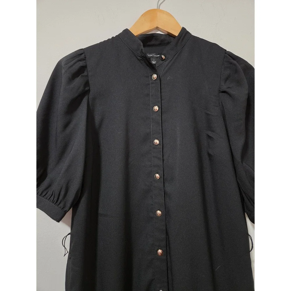 Ann Taylor Black Midi Shirt Dress Gold Button Front Puff Sleeve Size 2‎ RN77379